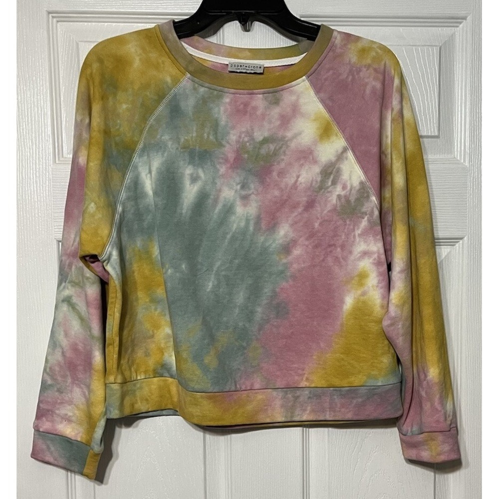 Paper‎ Crane Cropped Sweatshirt Women S Tie Dye Pink Yellow Teal 100% Cotton NWT